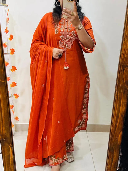 Pure Cotton Embroidery Cutwork Top Palazzo Dupatta Set