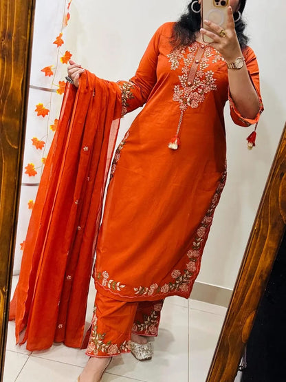 Pure Cotton Embroidery Cutwork Top Palazzo Dupatta Set
