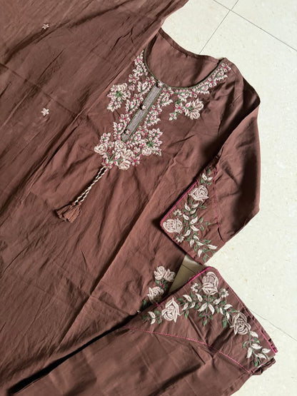 Pure Cotton Embroidery Cutwork Top Palazzo Dupatta Set