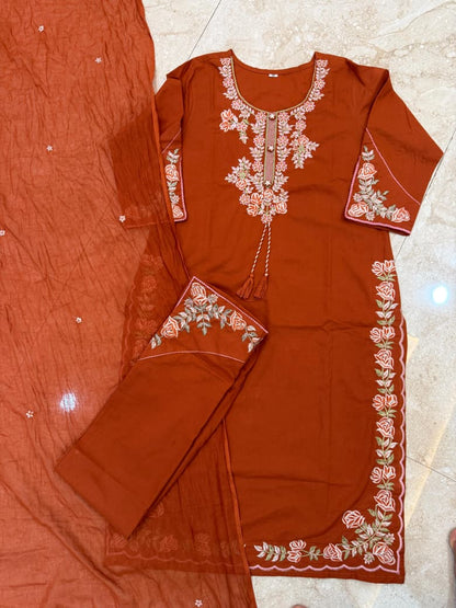 Pure Cotton Embroidery Cutwork Top Palazzo Dupatta Set