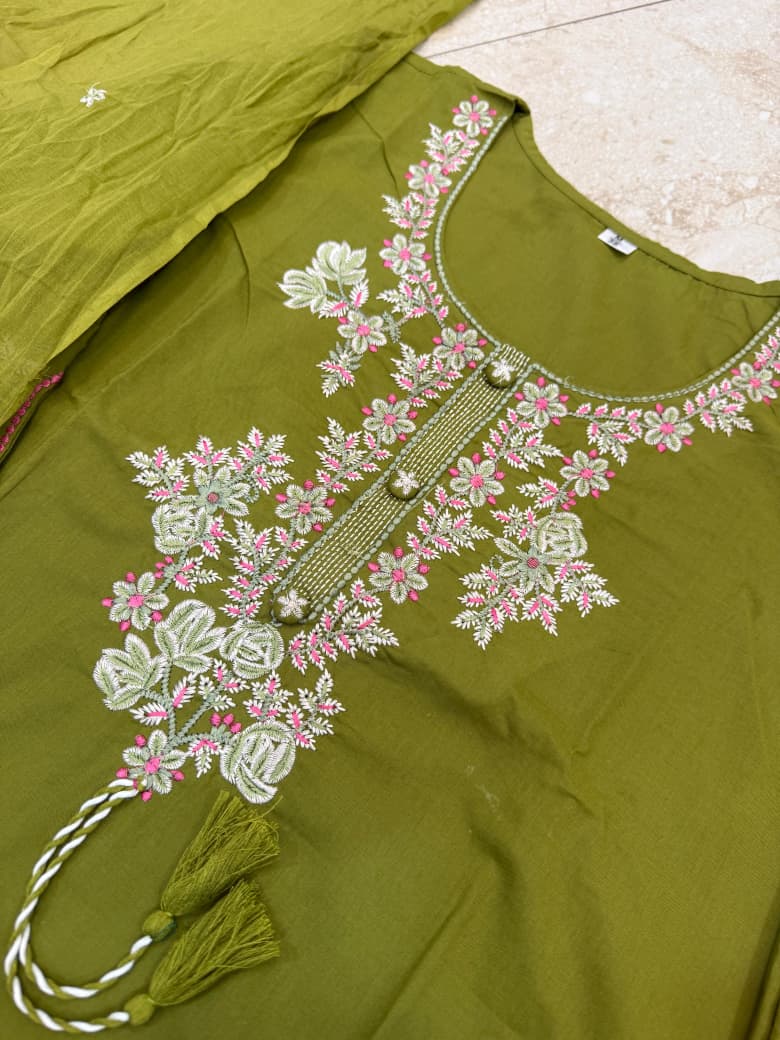 Pure Cotton Embroidery Cutwork Top Palazzo Dupatta Set