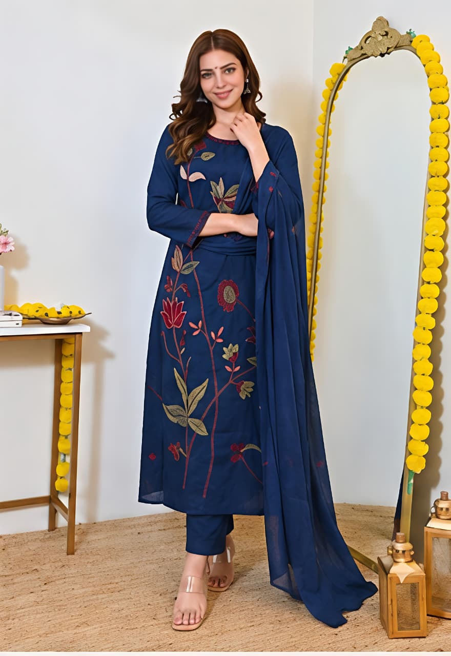 Fine Cotton Kurti Pant Dupatta Set with Multicolour Floral Embroidery