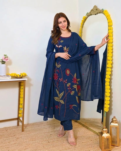 Fine Cotton Kurti Pant Dupatta Set with Multicolour Floral Embroidery