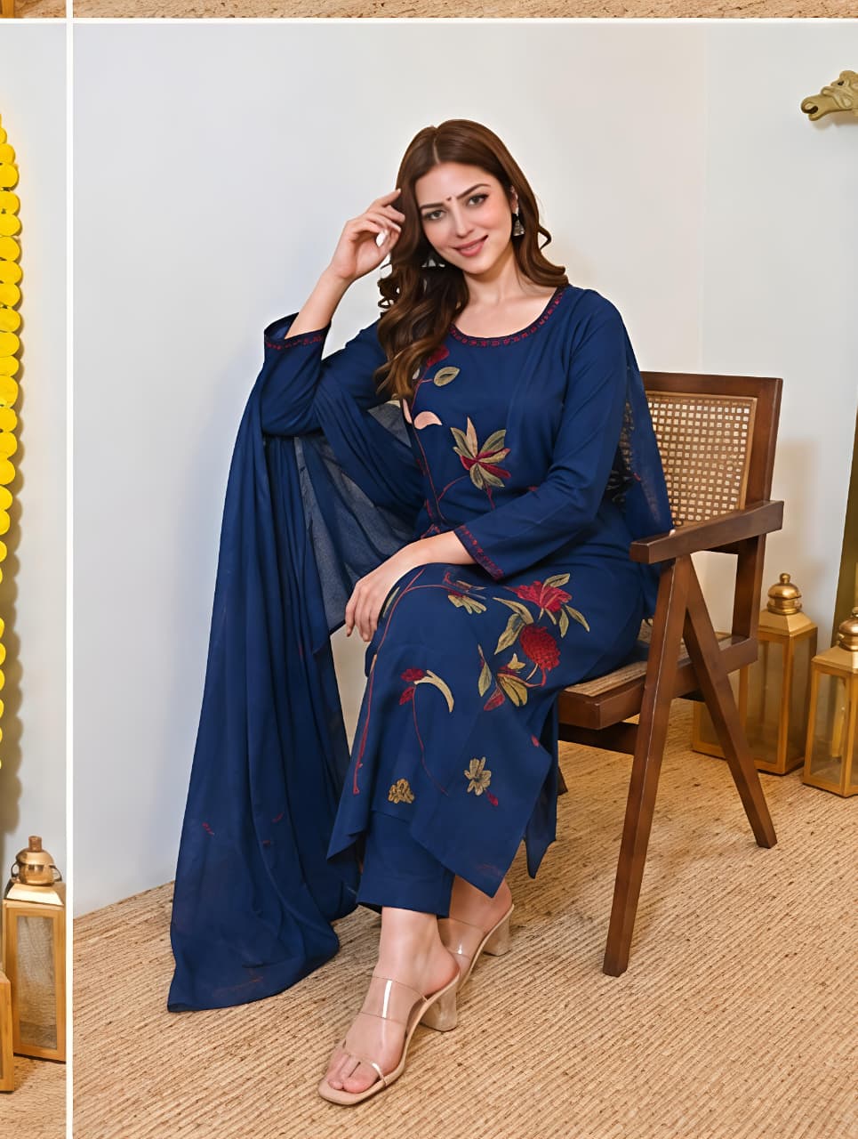 Fine Cotton Kurti Pant Dupatta Set with Multicolour Floral Embroidery