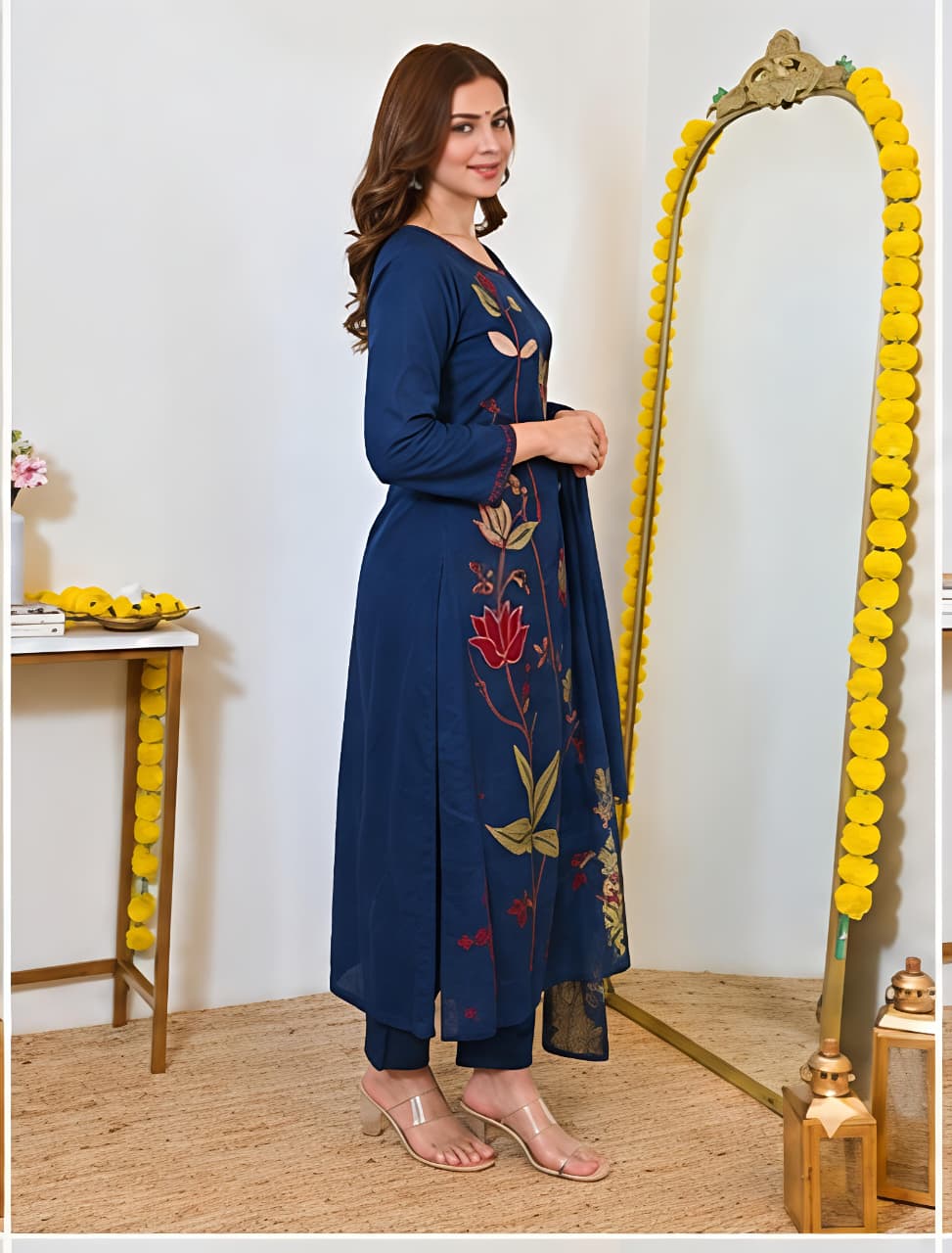 Fine Cotton Kurti Pant Dupatta Set with Multicolour Floral Embroidery