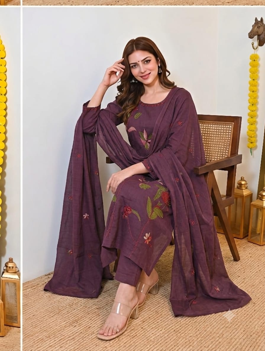 Fine Cotton Kurti Pant Dupatta Set with Multicolour Floral Embroidery