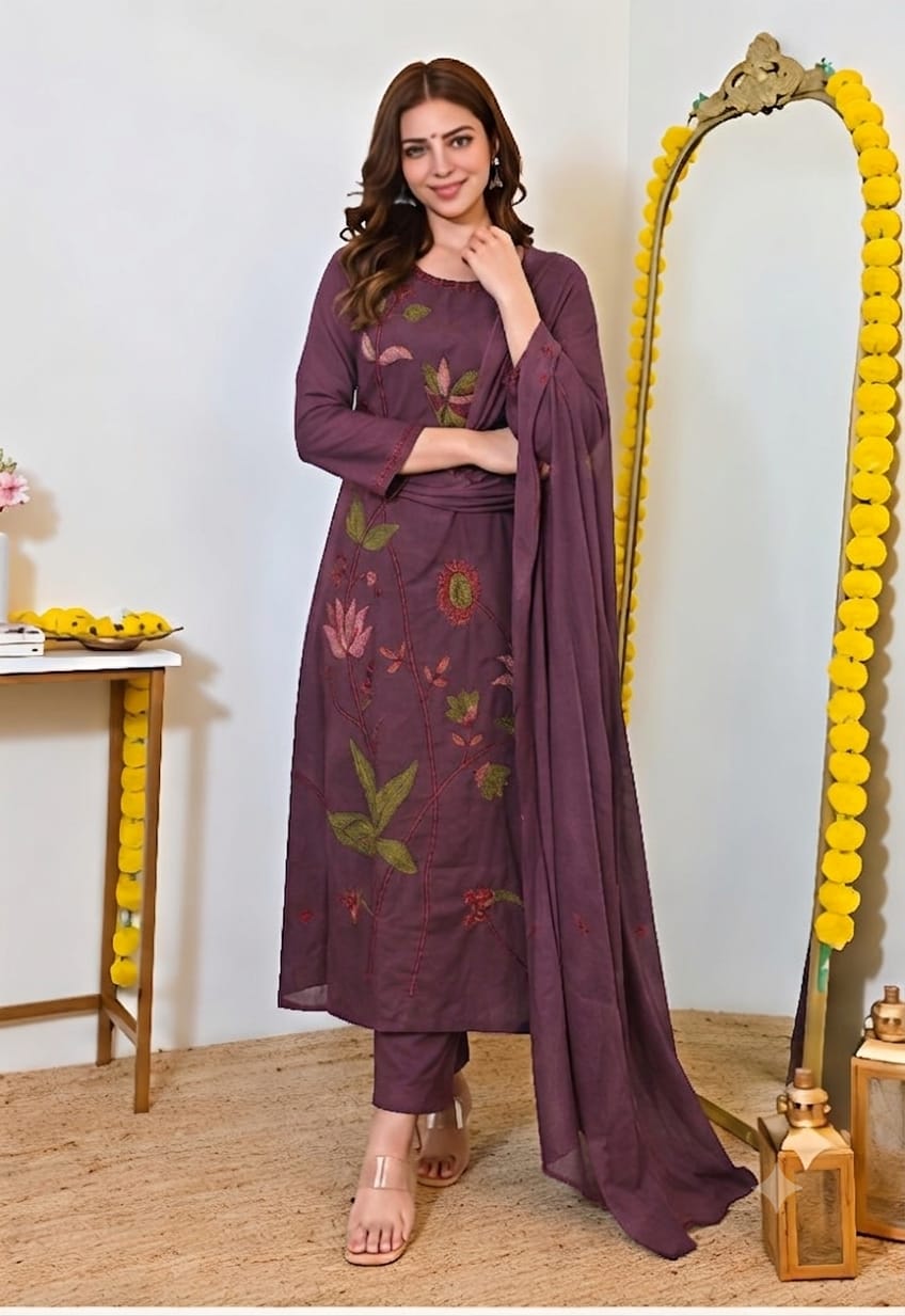 Fine Cotton Kurti Pant Dupatta Set with Multicolour Floral Embroidery