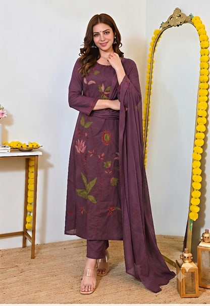 Fine Cotton Kurti Pant Dupatta Set with Multicolour Floral Embroidery