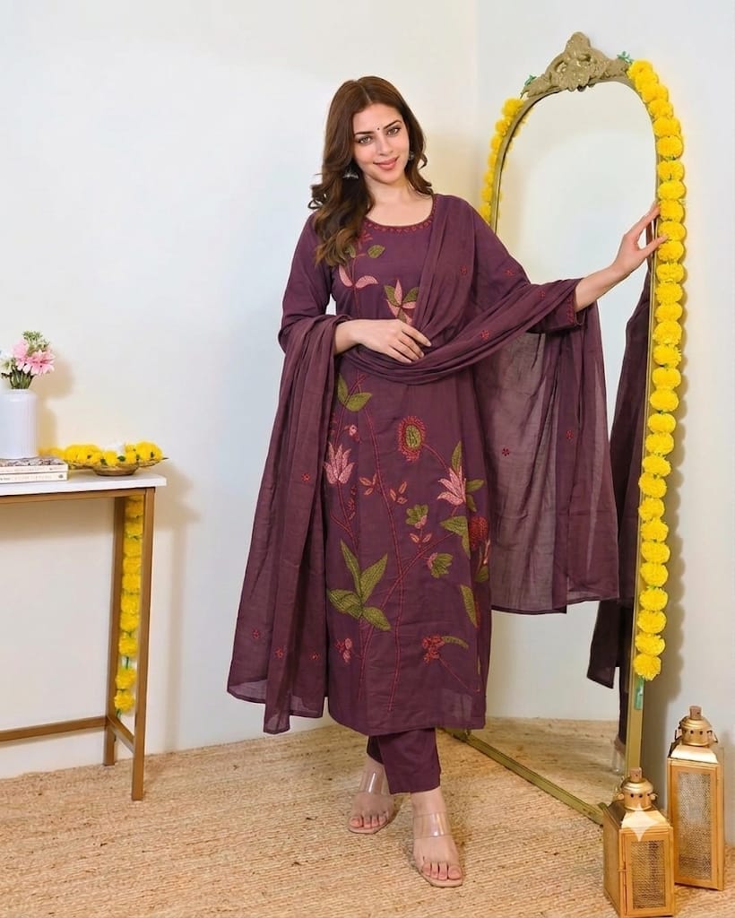 Fine Cotton Kurti Pant Dupatta Set with Multicolour Floral Embroidery