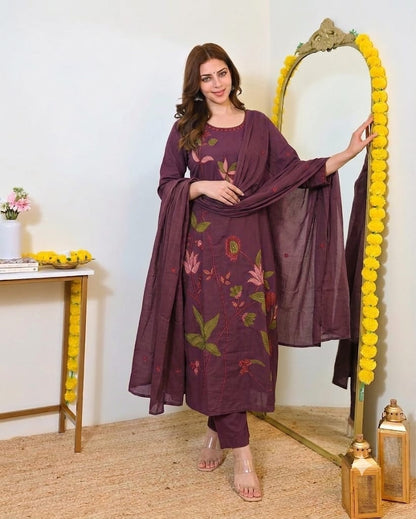 Fine Cotton Kurti Pant Dupatta Set with Multicolour Floral Embroidery