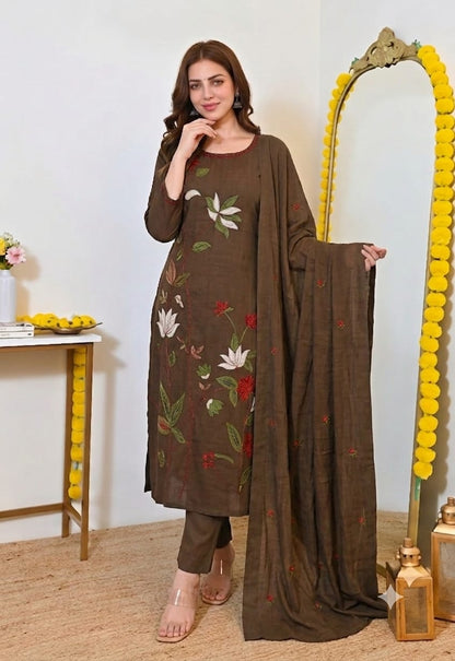 Fine Cotton Kurti Pant Dupatta Set with Multicolour Floral Embroidery