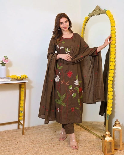 Fine Cotton Kurti Pant Dupatta Set with Multicolour Floral Embroidery