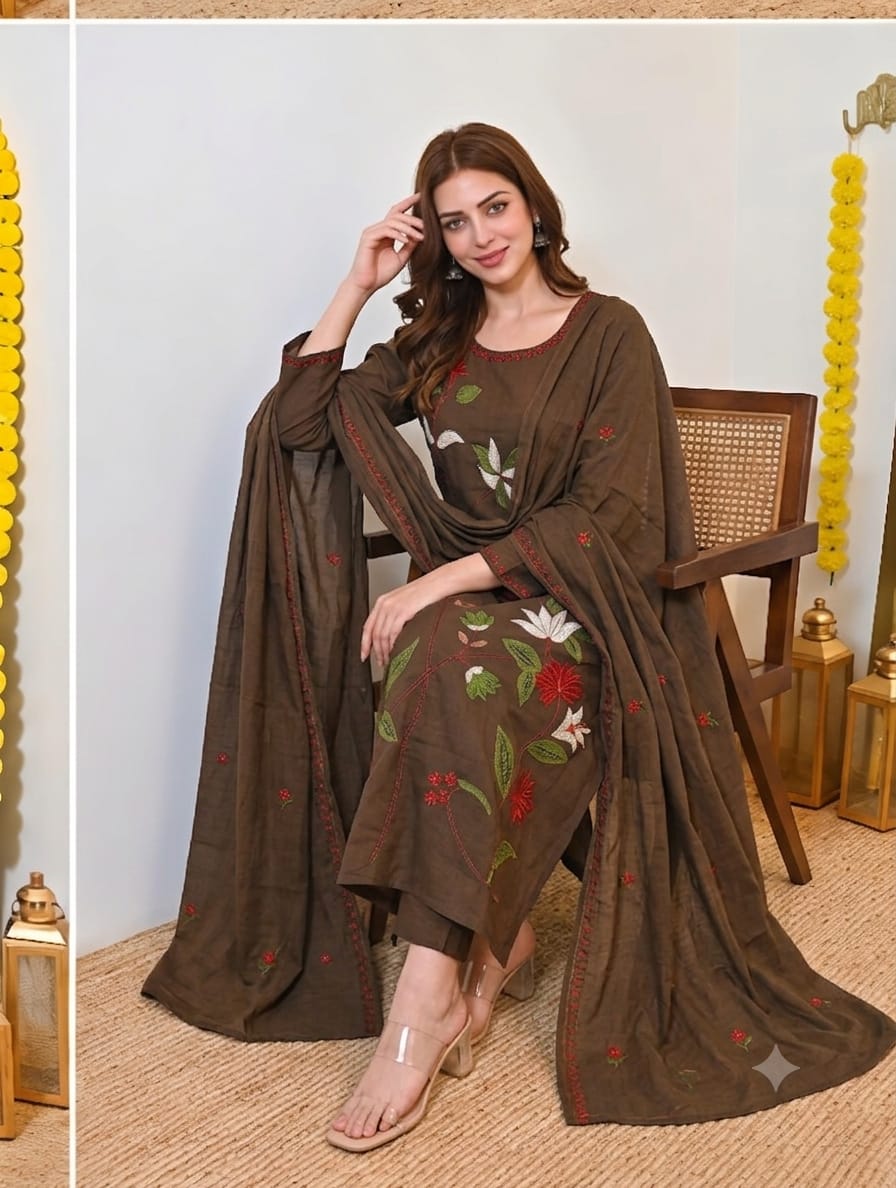 Fine Cotton Kurti Pant Dupatta Set with Multicolour Floral Embroidery