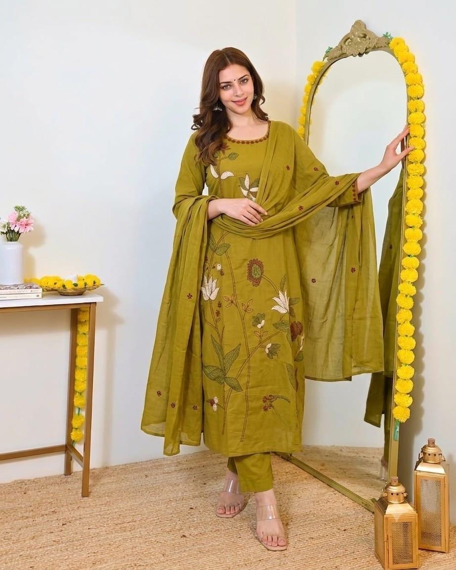 Fine Cotton Kurti Pant Dupatta Set with Multicolour Floral Embroidery