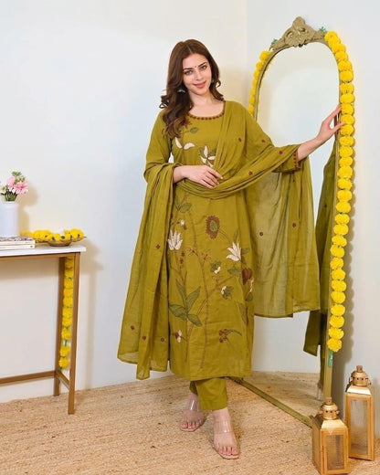 Fine Cotton Kurti Pant Dupatta Set with Multicolour Floral Embroidery