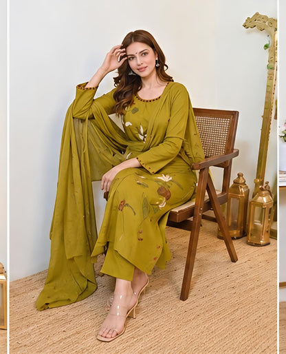 Fine Cotton Kurti Pant Dupatta Set with Multicolour Floral Embroidery