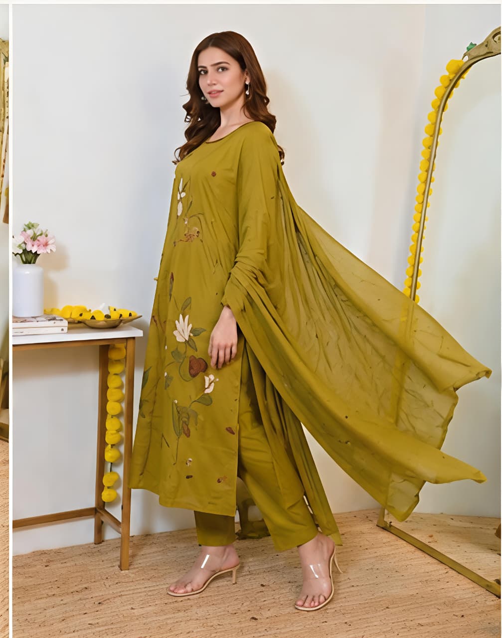 Fine Cotton Kurti Pant Dupatta Set with Multicolour Floral Embroidery
