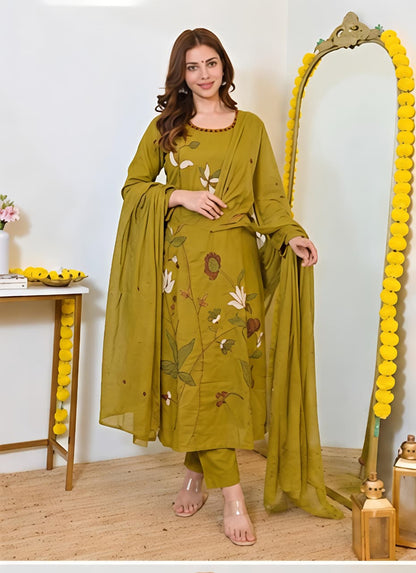 Fine Cotton Kurti Pant Dupatta Set with Multicolour Floral Embroidery