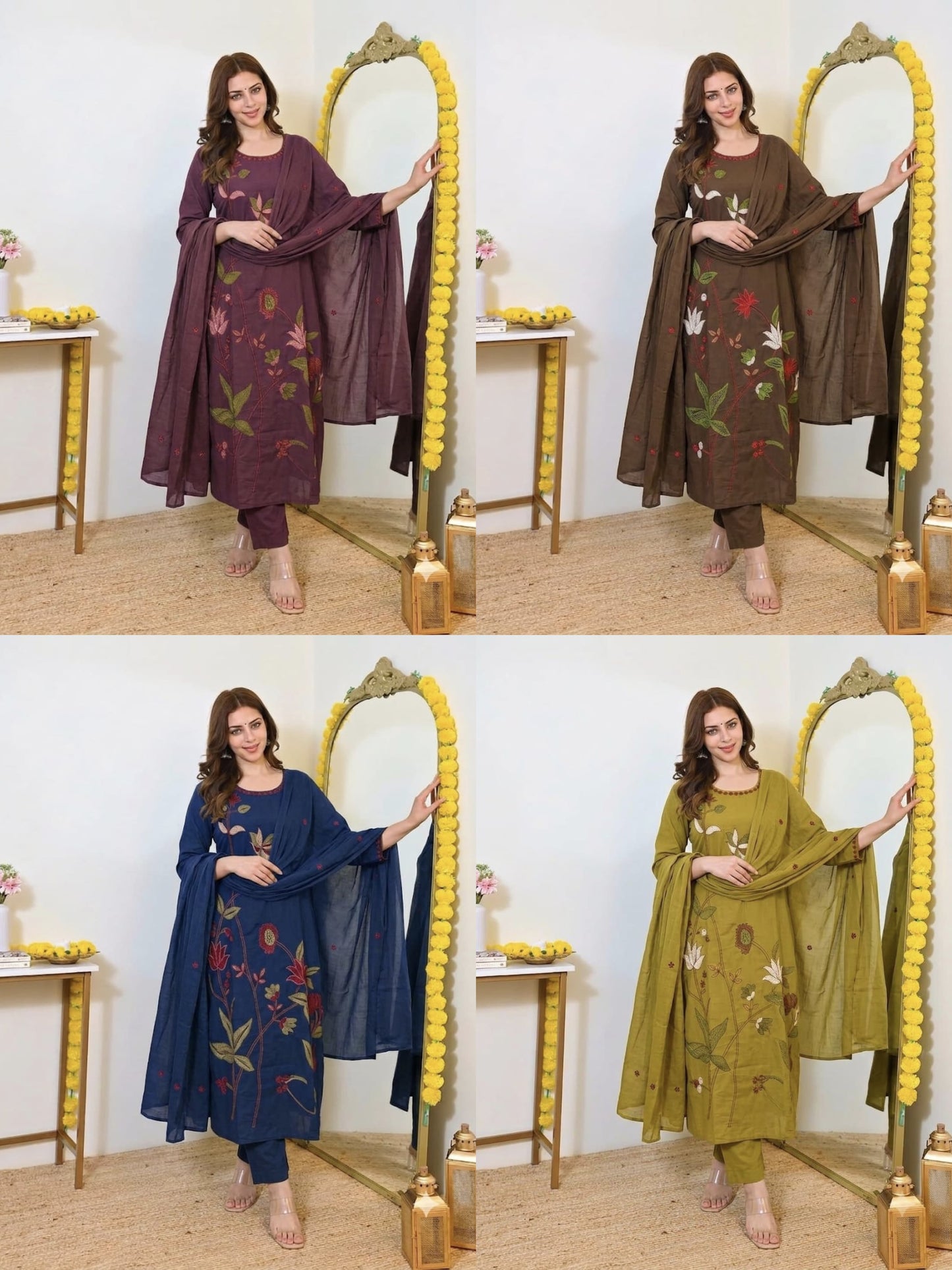 Fine Cotton Kurti Pant Dupatta Set with Multicolour Floral Embroidery