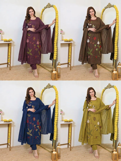 Fine Cotton Kurti Pant Dupatta Set with Multicolour Floral Embroidery