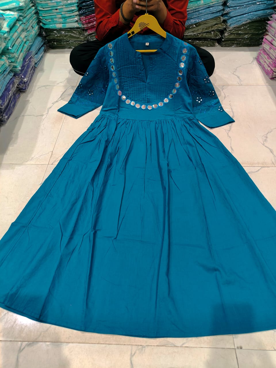 Cotton Gown with Heavy Aari Mirror, Embroidery and Pintex Work