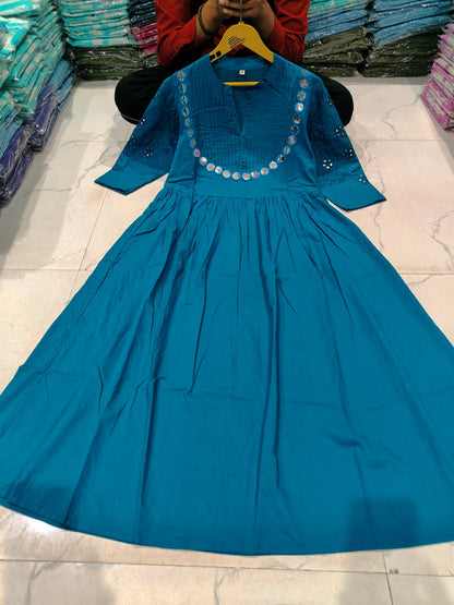 Cotton Gown with Heavy Aari Mirror, Embroidery and Pintex Work