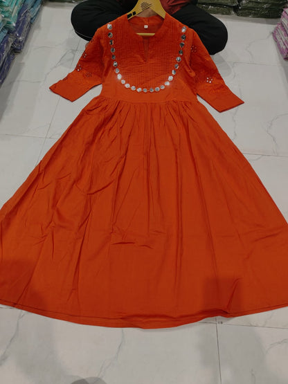 Cotton Gown with Heavy Aari Mirror, Embroidery and Pintex Work