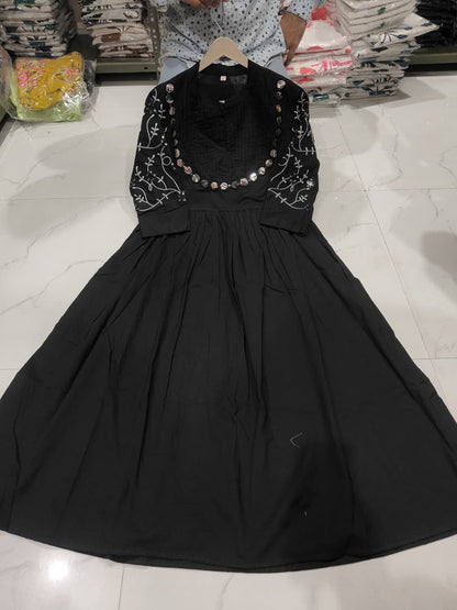 Cotton Gown with Heavy Aari Mirror, Embroidery and Pintex Work