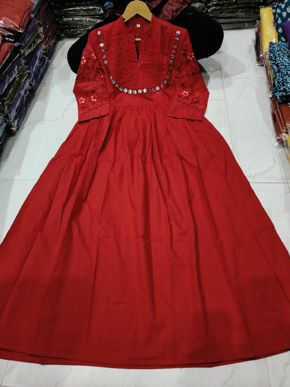 Cotton Gown with Heavy Aari Mirror, Embroidery and Pintex Work