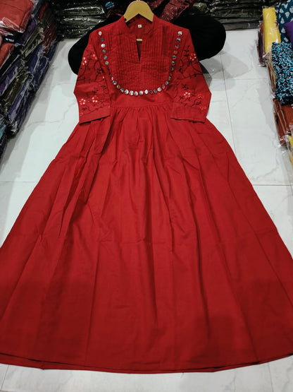 Cotton Gown with Heavy Aari Mirror, Embroidery and Pintex Work