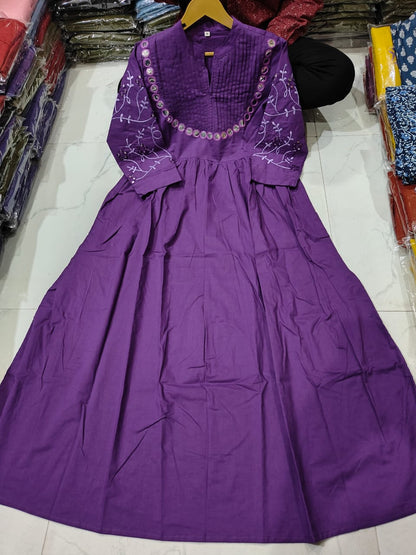Cotton Gown with Heavy Aari Mirror, Embroidery and Pintex Work