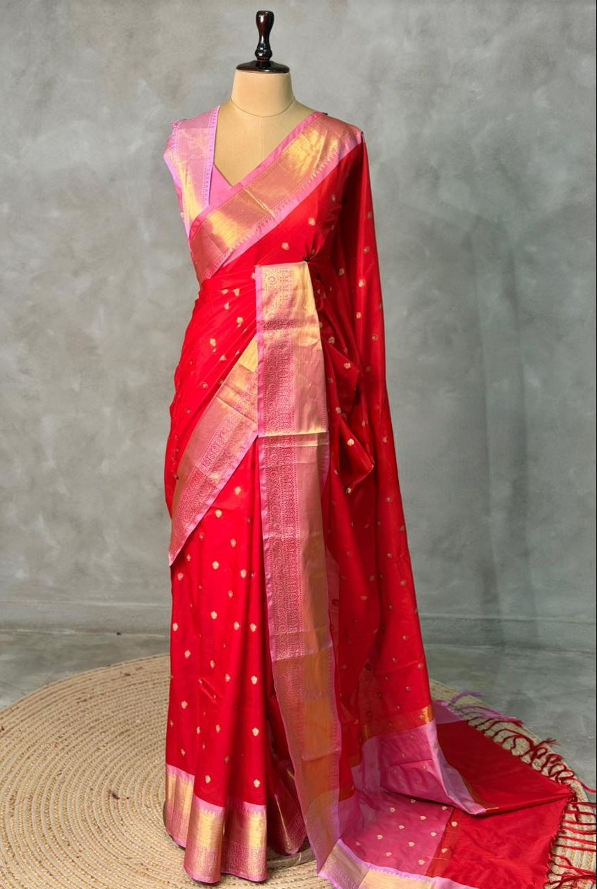Banarasi Soft Katan Silk Saree with Zari Buti Weaving and Designer Pallu