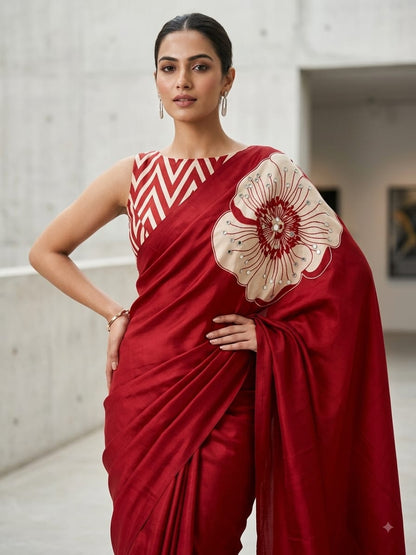 Silk Crepe Ethnic Floral Print Mirror Work Saree with Blouse