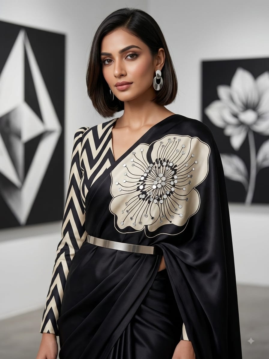Silk Crepe Ethnic Floral Print Mirror Work Saree with Blouse