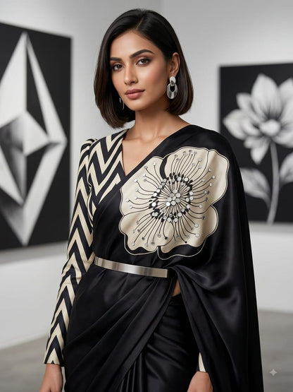 Silk Crepe Ethnic Floral Print Mirror Work Saree with Blouse
