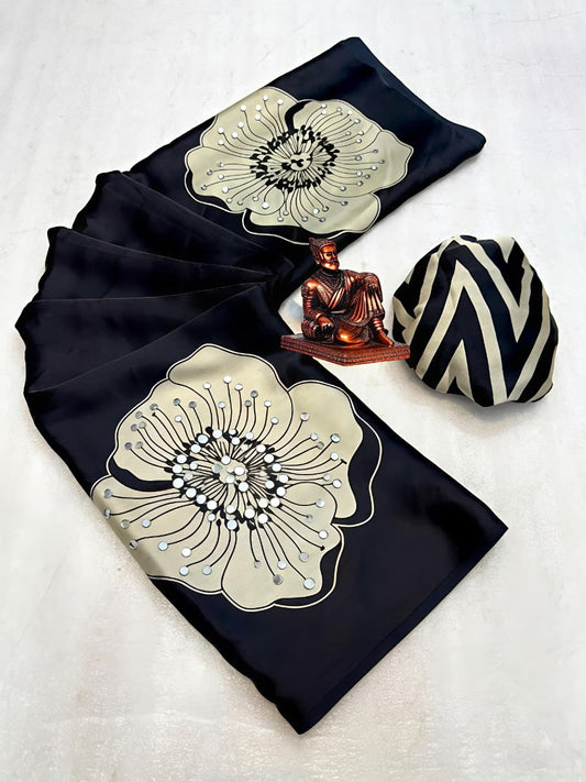 Silk Crepe Ethnic Floral Print Mirror Work Saree with Blouse