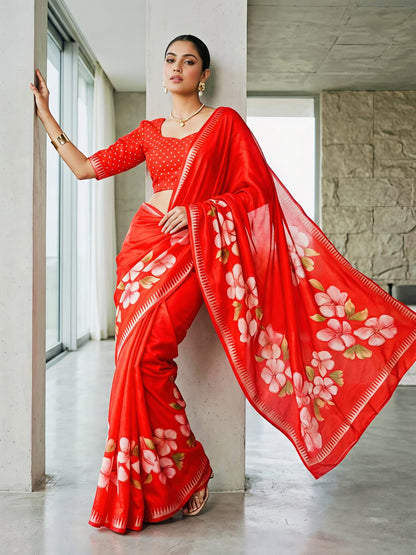 Premium Heavy Marsh Mellow Bentex Border Floral Kalamkari Print Saree