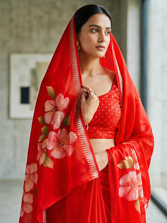 Premium Heavy Marsh Mellow Bentex Border Floral Kalamkari Print Saree