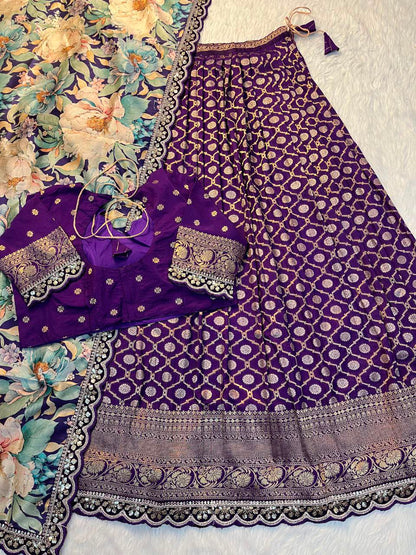 Pure Banarasi Zari Meena Woven Stitched Lehenga with Blouse and Dupatta