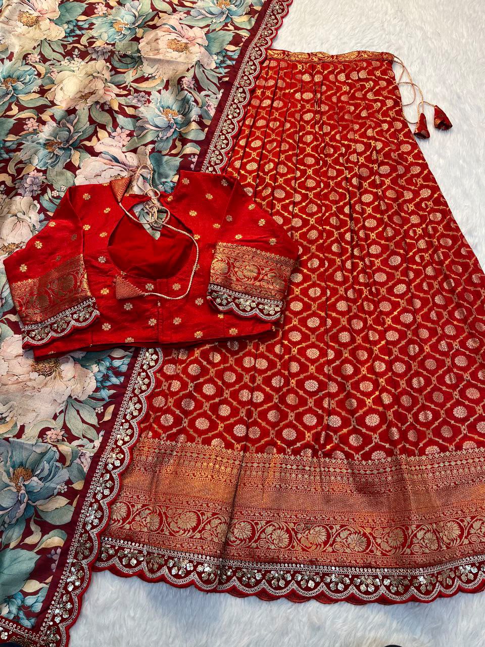 Pure Banarasi Zari Meena Woven Stitched Lehenga with Blouse and Dupatta