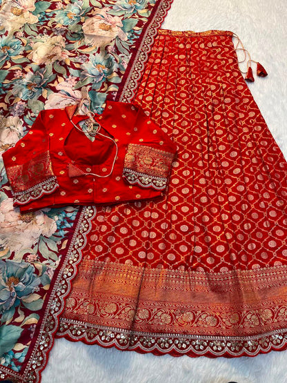 Pure Banarasi Zari Meena Woven Stitched Lehenga with Blouse and Dupatta