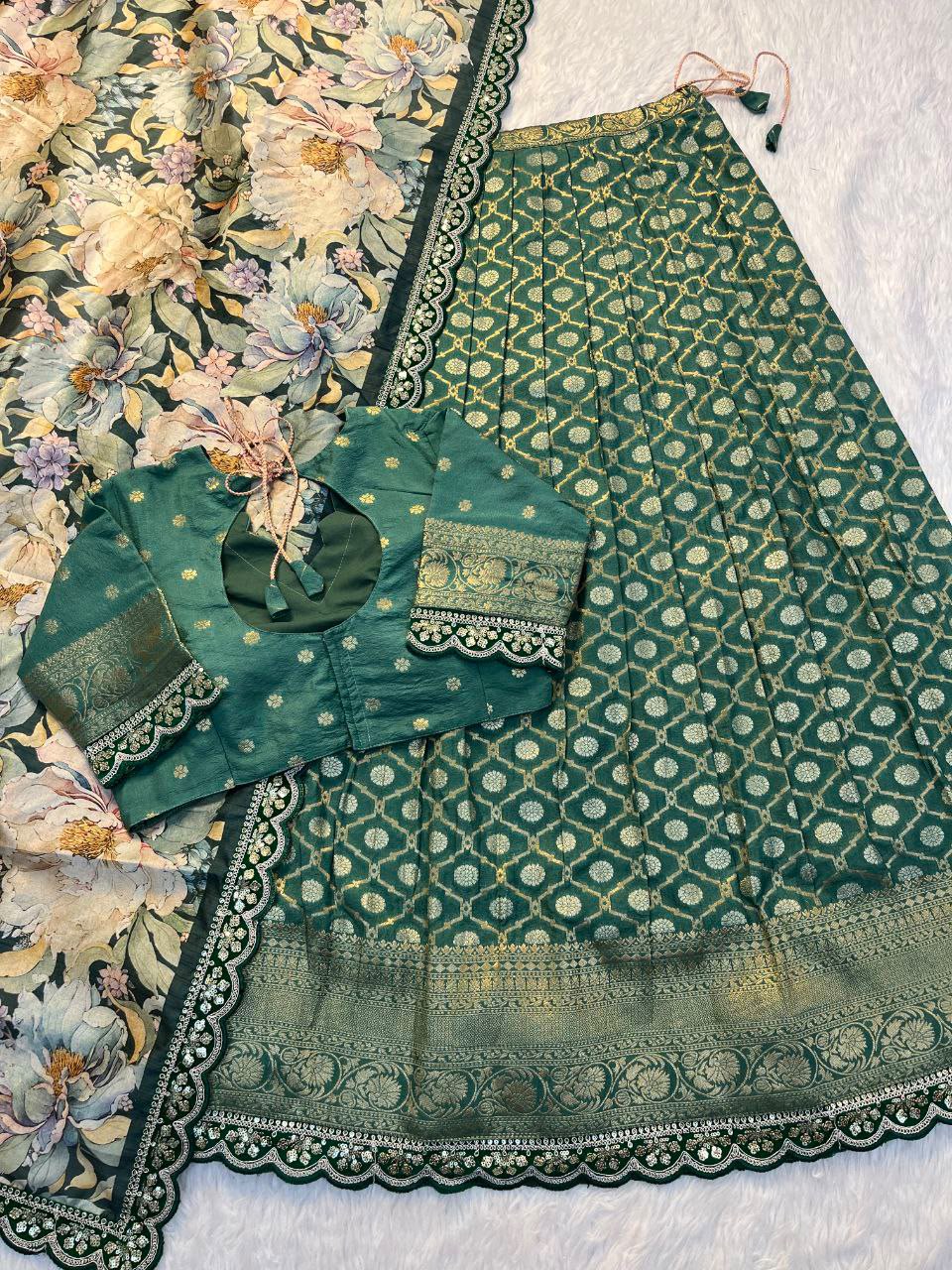 Pure Banarasi Zari Meena Woven Stitched Lehenga with Blouse and Dupatta