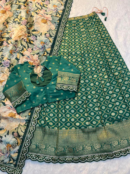 Pure Banarasi Zari Meena Woven Stitched Lehenga with Blouse and Dupatta