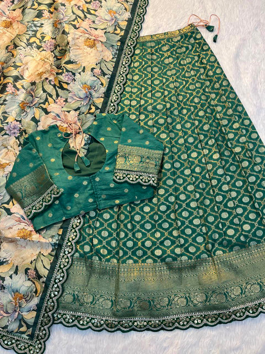 Pure Banarasi Zari Meena Woven Stitched Lehenga with Blouse and Dupatta