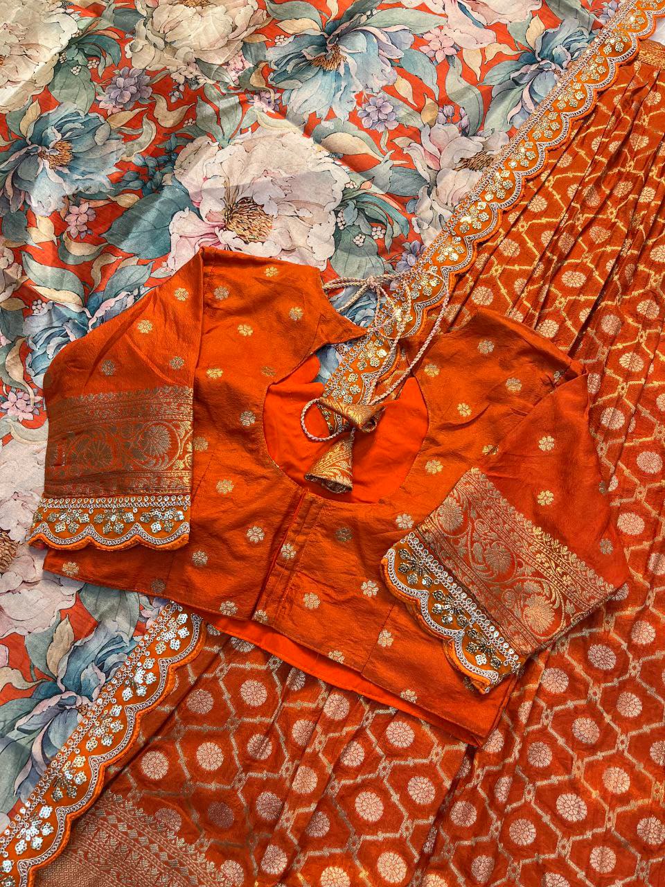 Pure Banarasi Zari Meena Woven Stitched Lehenga with Blouse and Dupatta