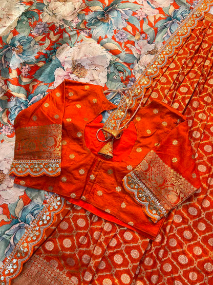 Pure Banarasi Zari Meena Woven Stitched Lehenga with Blouse and Dupatta