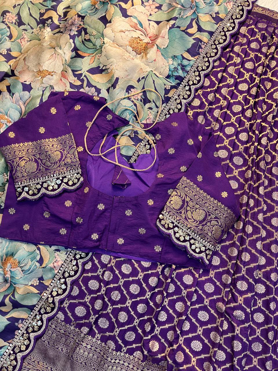 Pure Banarasi Zari Meena Woven Stitched Lehenga with Blouse and Dupatta