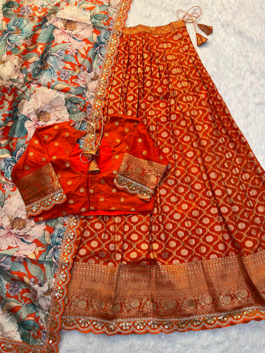 Pure Banarasi Zari Meena Woven Stitched Lehenga with Blouse and Dupatta