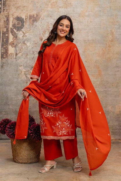 Pure Fine Cotton Embroidered Kurti Pant with Dupatta Set