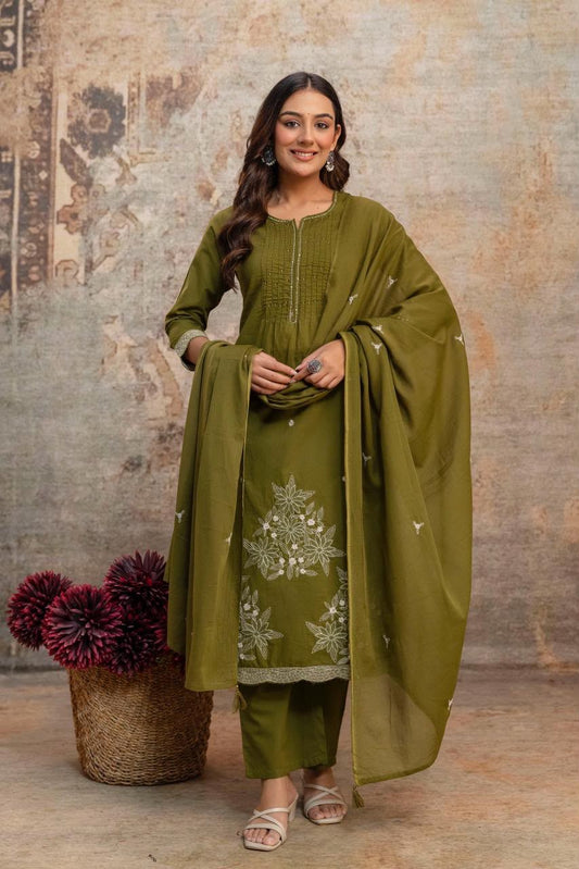 Pure Fine Cotton Embroidered Kurti Pant with Dupatta Set